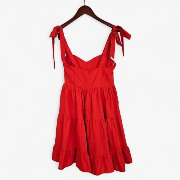 Lulu's Tier-ly Delightful Linen Blend Red Tie-Strap Tiered Bustier Mini Dress S - Picture 6 of 12